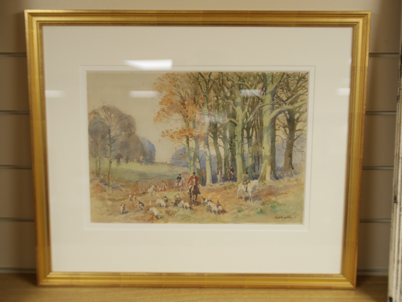 Robert Hugh Buxton (1871-1965), watercolour, ‘Fox Hunting at Savernake Forest, Wiltshire’, signed, details verso, 27 x 38cm. Condition - good